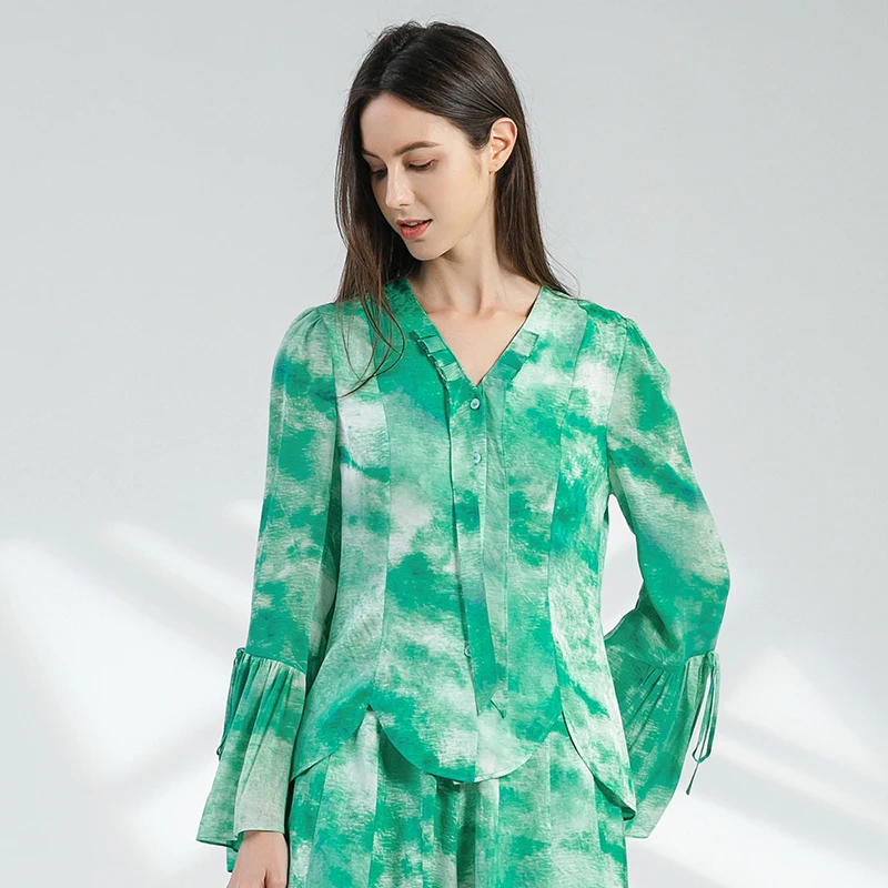 Emerald Green Shirt with Brocade and Georgette Silk Women Shirts Young Style Prairie Chic Flared Long Sleeves Womens Tops BY236