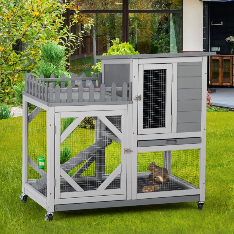 

Large Rabbit Hutch Wooden Bunny Cage with Casters Fence Trays Water Bottle Indoor and Outdoor Animal House for Rest and Run