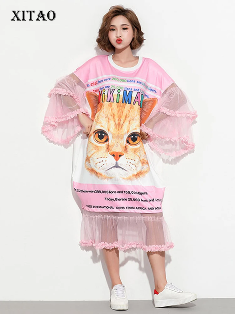 

XITAO Thailand Street Print Women Dress Summer O Neck Long Sleeve Cat Pattern Splicing Mesh Tide Women Clothes New DLL2101