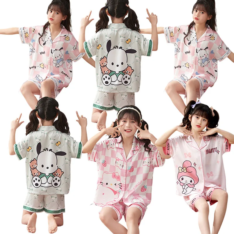 

Kawaii Sanrios children Ice silk pajamas My Melody Pochacco summer shorts Short sleeve suit Homewear Gifts for children