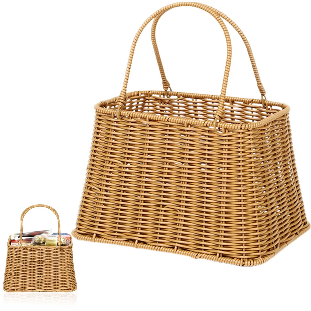 

Basket Woven Picnic Storage Shopping Fruit Rattan Market Wicker Handle Baskets Tote Grocery Camping Straw Flower Weaving