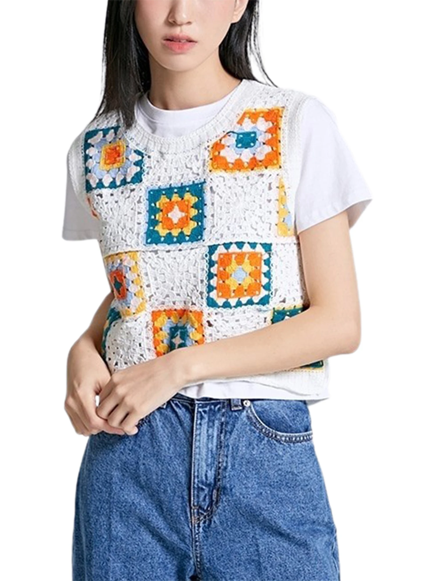 

Women's Summer Crochet Tank Dress Colorful Floral Embroidery Knit Vest Midi Dress Boho Camisole Beachwear