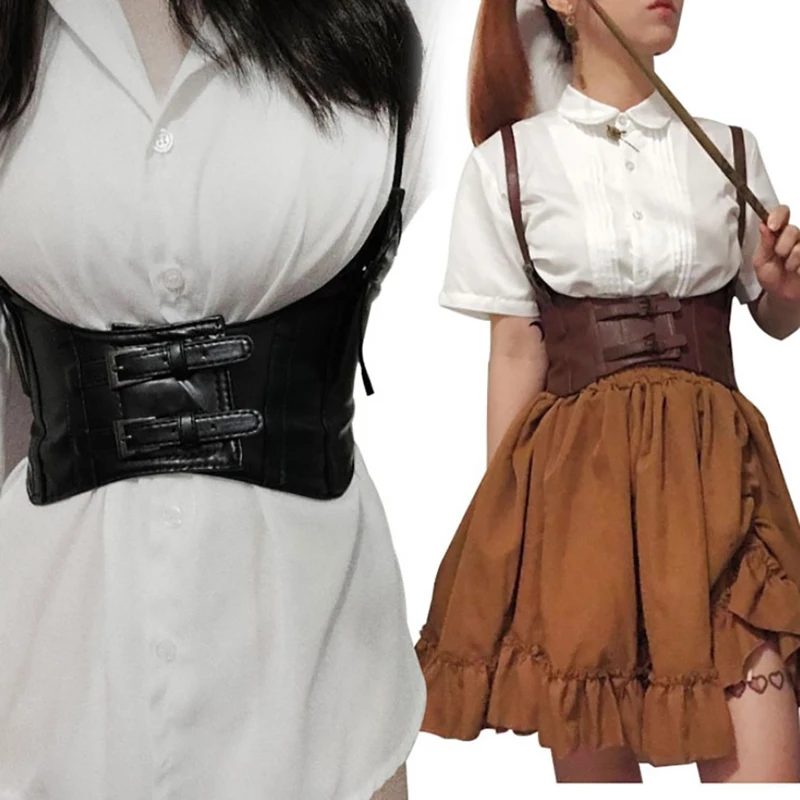 

Women Sexy Leather Elastic Band Waist Belt Waspie Gallus Corset Cinch Underbust Waistcoat Wide Cincher with Buckle Cummerbund