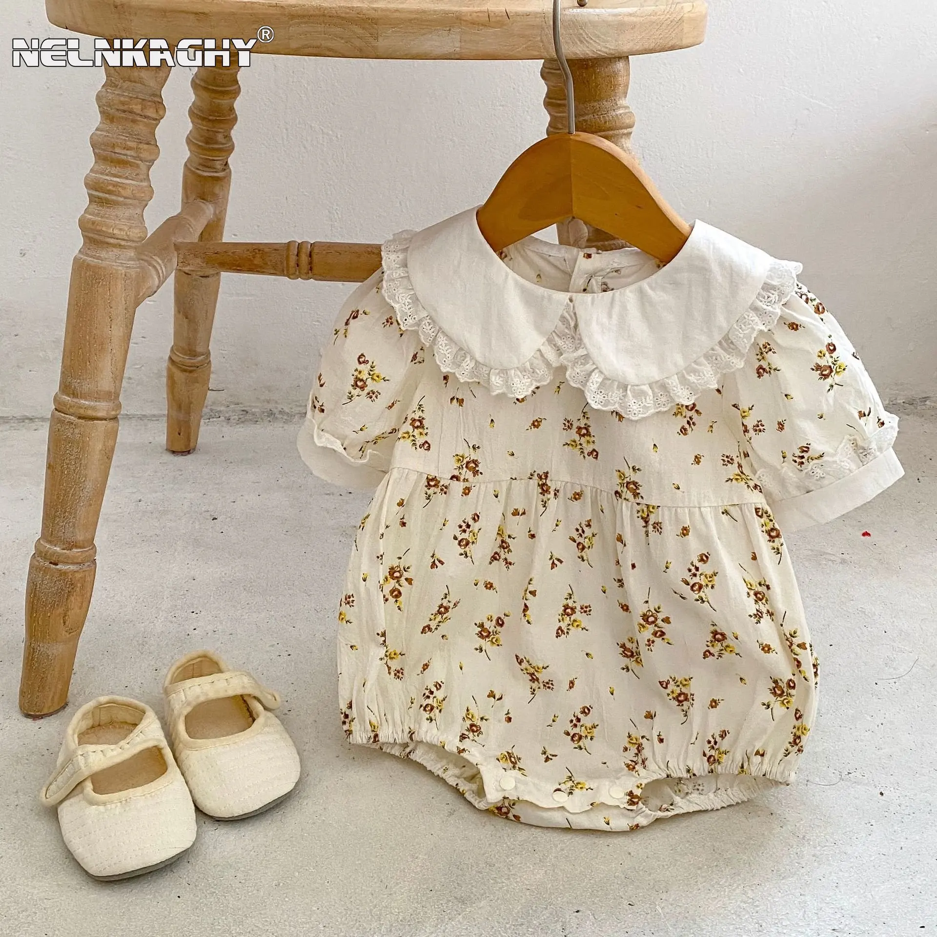 Infant Baby Girls Peter Pan Collar Flower Outfits Short Sleeve Jumpsuits Kids Newborn Pretty Princess Lace Bodysuits