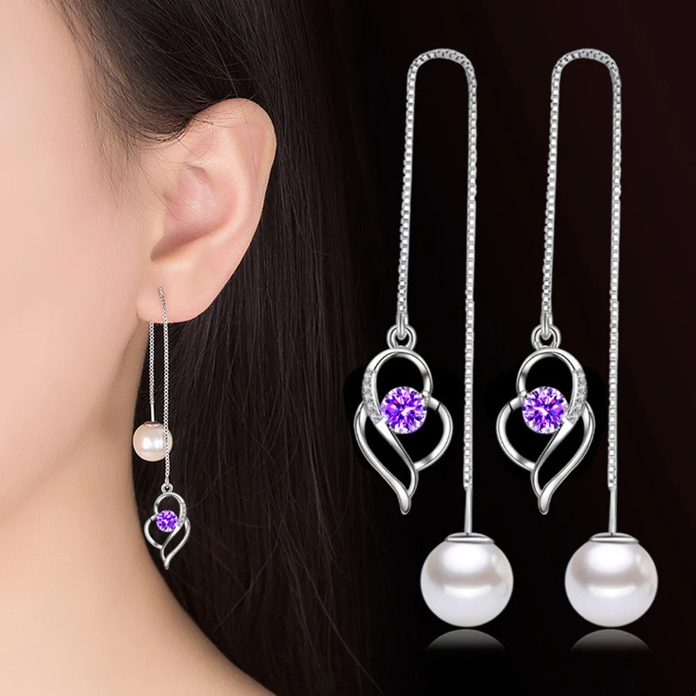 

DAYIN 925 Sterling Silver New Women's Fashion Jewelry Earline High Quality Crystal Zircon Pearl Long Tassel Heart Earrings