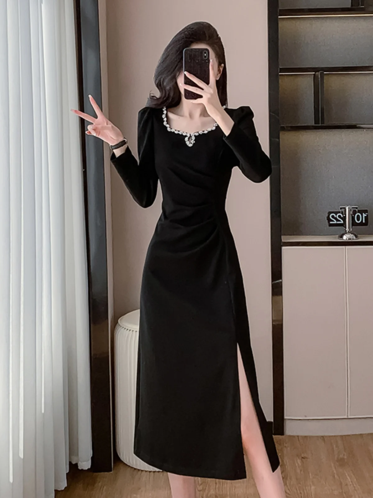 With Coat Guest dresses New French sle Advanced Square Collar Autumn Dress Slimming Long sleeve Split Temperament Skirts