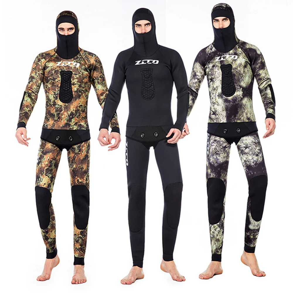 Mens 3.5mm Camouflage Wetsuit Neoprene Long Sleeve Hooded 2 Pieces Keep Warm Diving Suit Underwater Spearfishing Hunting Suits