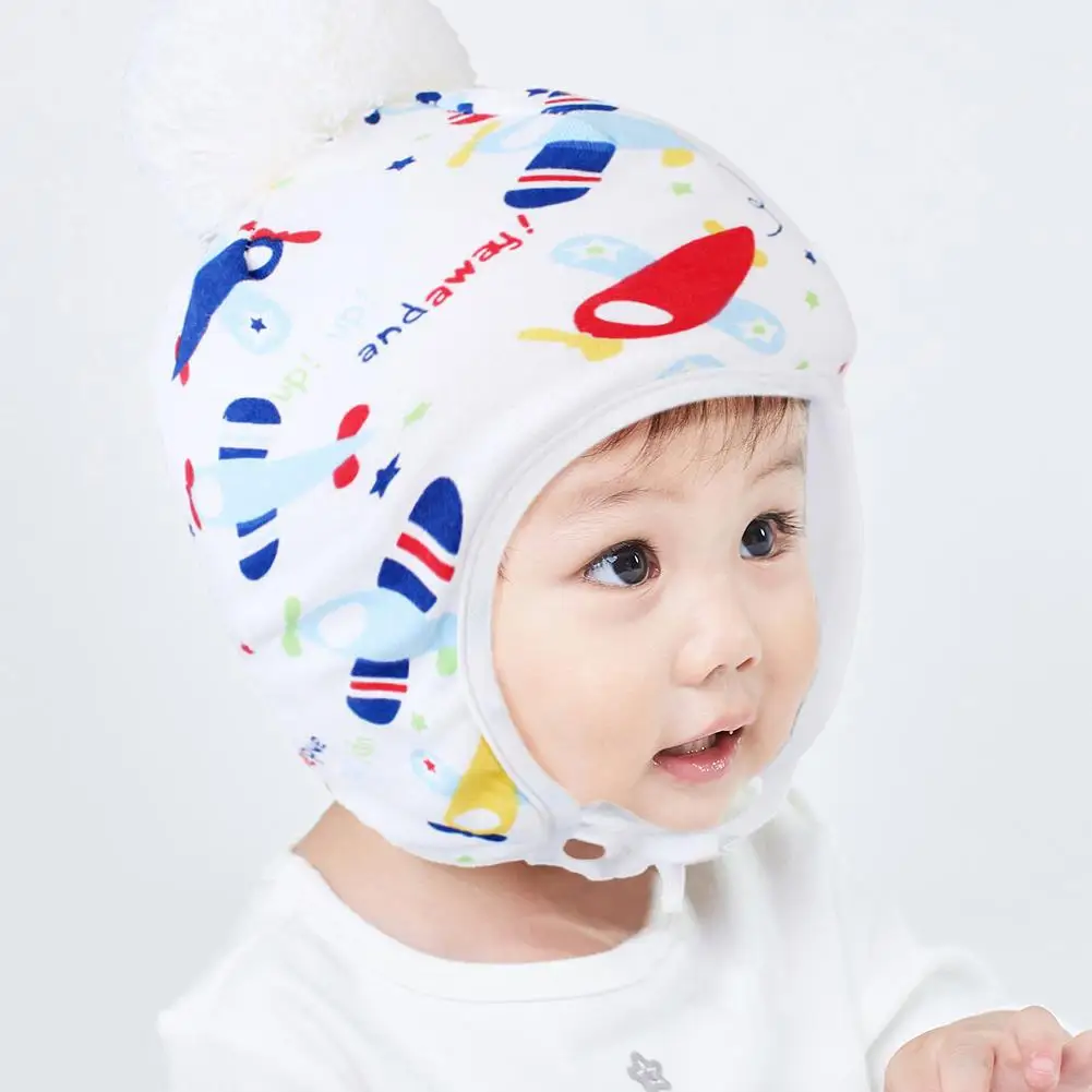

Baby Boy Girl Hat Aircraft Car Adjustable Elasticity of Tie Winter Warm Fleece Cap Infant Cotton Cartoon Printed for Kids