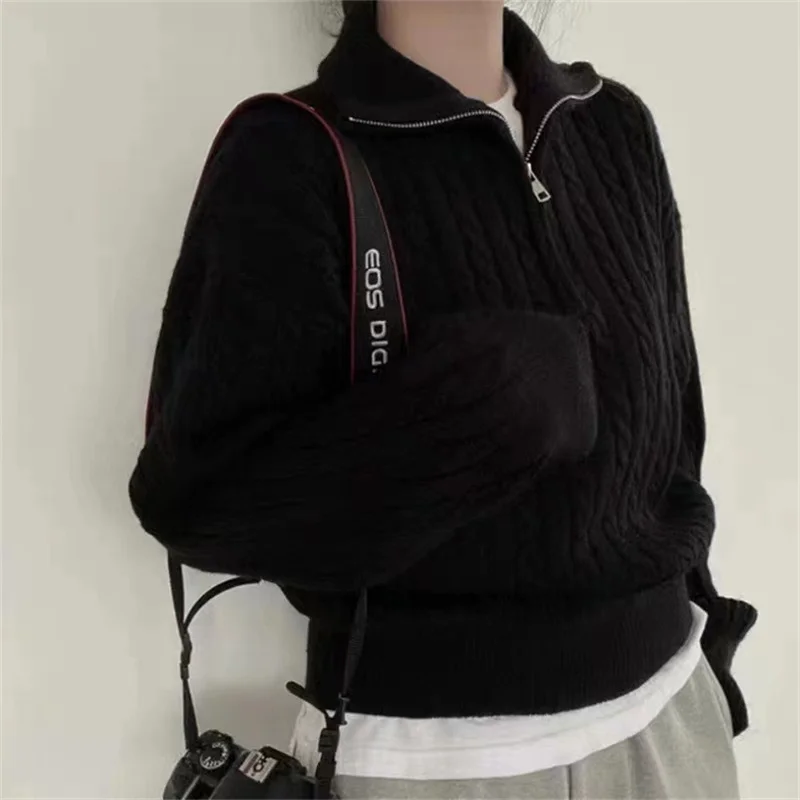 Модный вязаный свитер женский свободный пуловер на молнии с воротником-стойкой