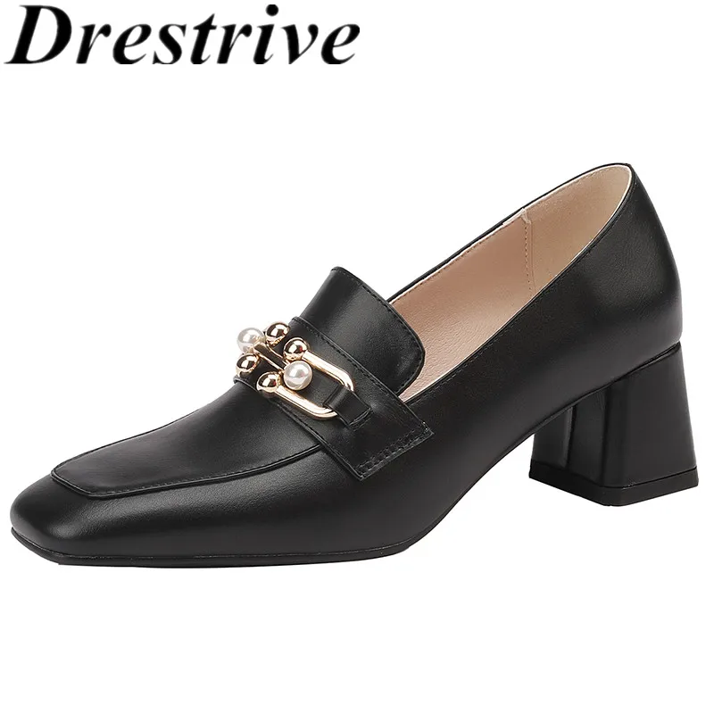 

Drestrive Women's Pumps Plus Size 47 Square Toe Bead Pu Leather 2022 Classic Shoes Thick High Heel Shallow Metal Knot