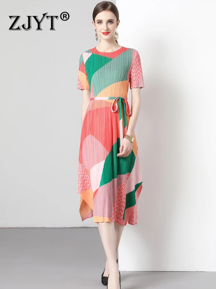 

Летние Плиссированные Платья-миди ZJYT с принтом для женщин, мода 2023 года, асимметричные повседневные платья с коротким рукавом, женская одежда, женское платье