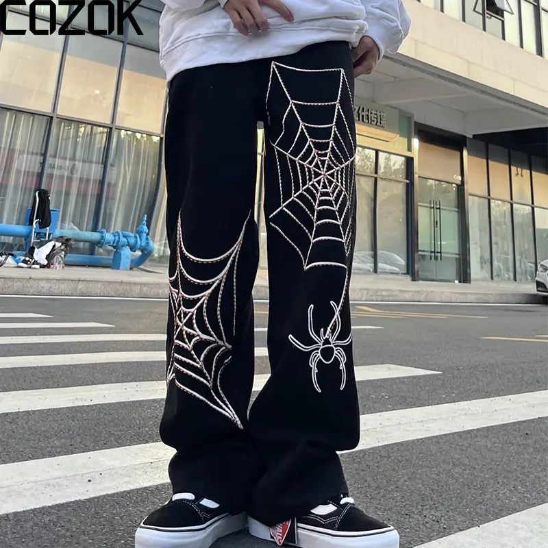 

Spider Web Embroidery Straight Casual Jeans Pants Men And Women Vibe Style Ripped Oversize Loose Denim Trousers Streetwear