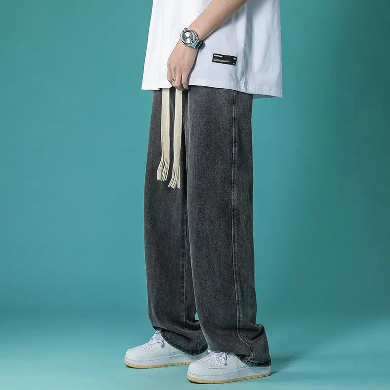 2022 New Jeans Men's Summer Thin Loose Belt Straight Fashion Wide Leg Pants Tide Brand Ins Hong Kong Style Mopping Long Pants