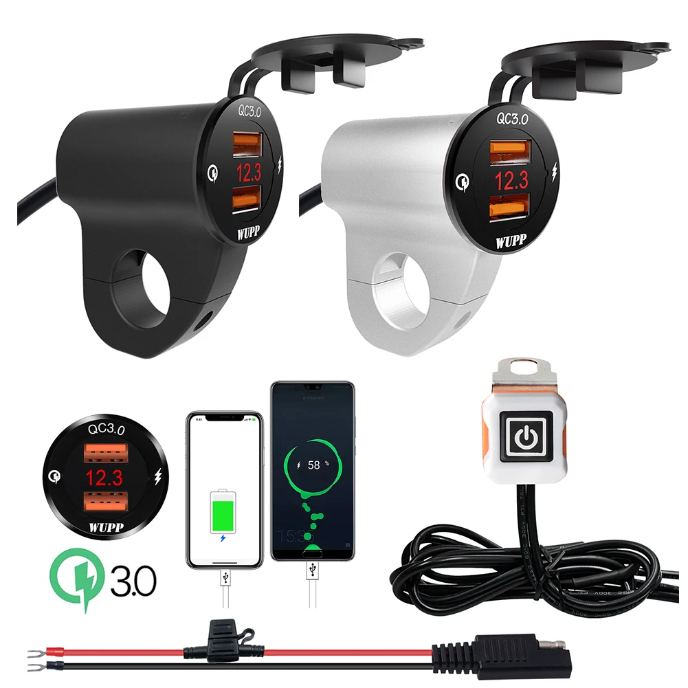 

Waterproof Aluminum Alloy Dual USB Charger Socket Power Outlet with Voltmeter LED light for QC3.0 Car Motorcycle