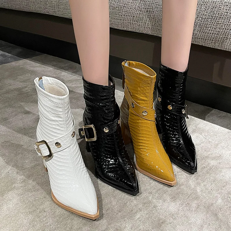 

Ankle Boots Women Leather Pu Short Boots Female High Heeled Thick with Buckle Pointed Boots 2023 New Fashion Modern Boots Women