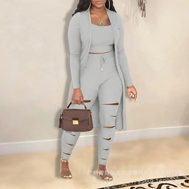 

Осенняя одежда 2023, модные женские брюки из двух предметов, топ на бретелях, Длинная накидка, кардиган, однотонная Спортивная уличная одежда из 3 предметов