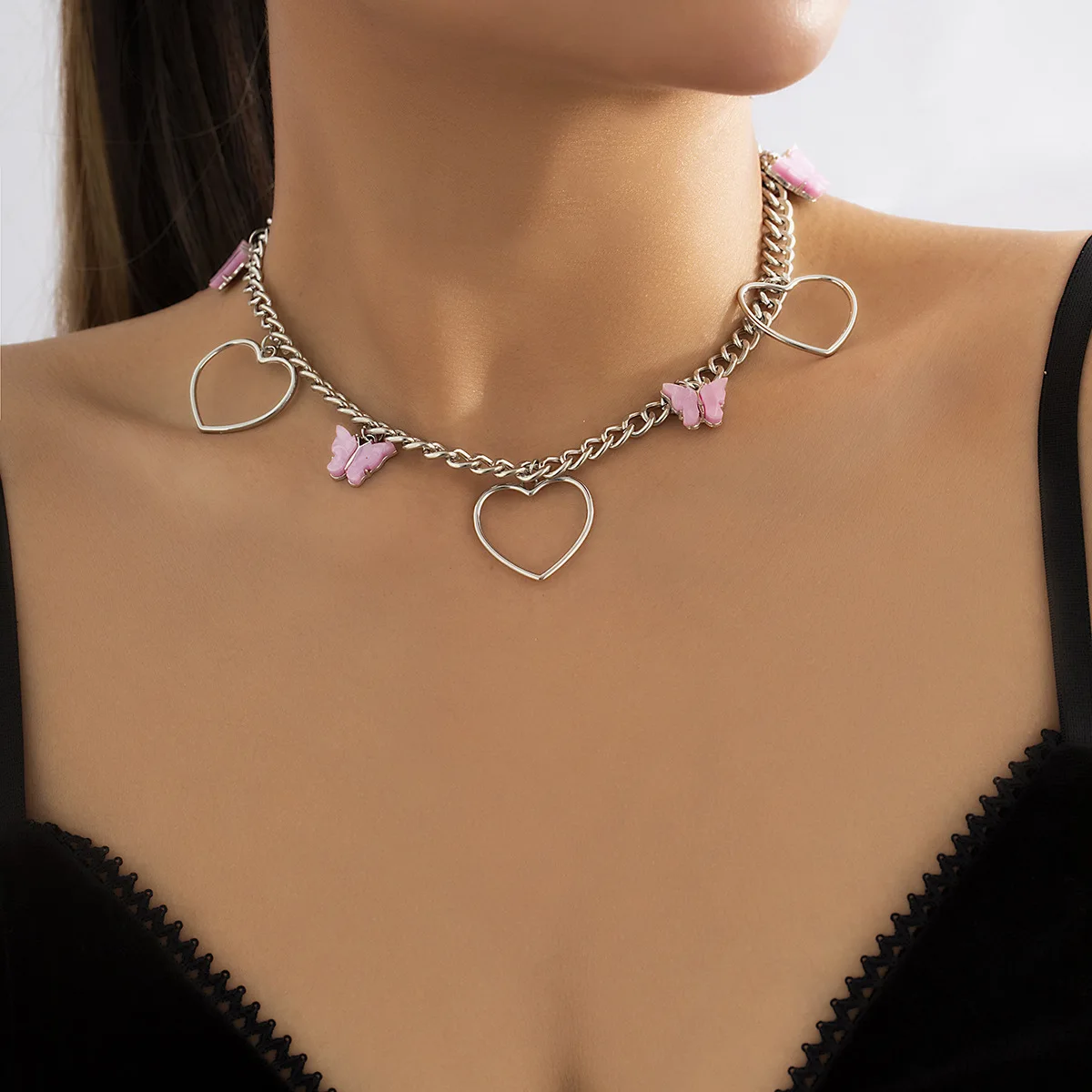 

Punk Gothic Pink Butterfly Heart Choker Necklaces Cool Chunky Chains Charm Women Girls Necklaces Jewelry Accessories Gifts