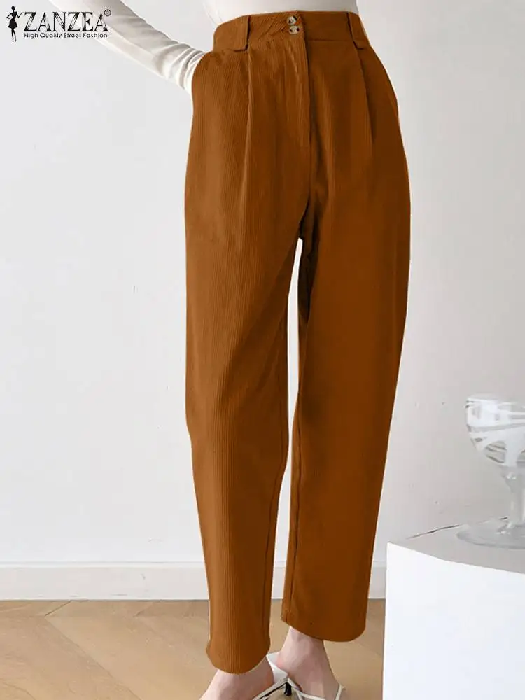 

ZANZEA Fashion Corduroy Pants Women High Waisted Baggy Casual Long Trousers