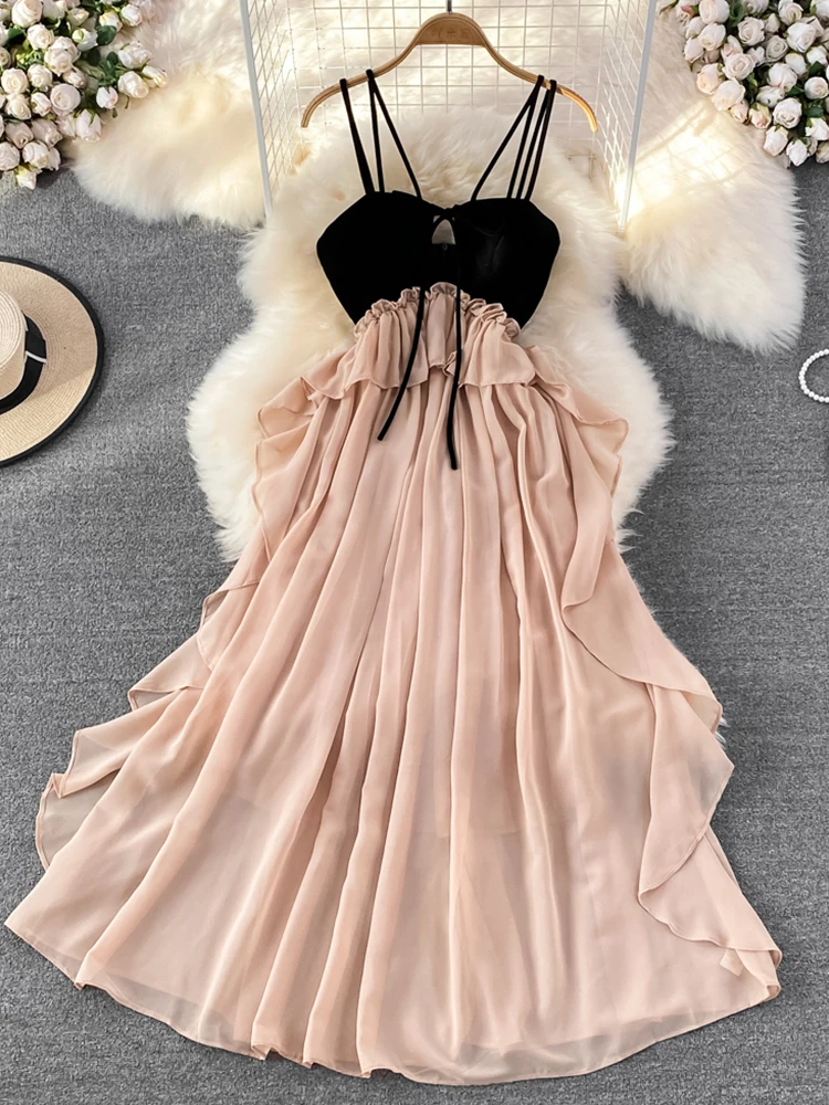 

FMFSSOM Summer Fashion Stitching Spaghetti Strap A-Line Dress Casual Sexy High Waist Slim Backless Sleeveless Ruffle Dresses