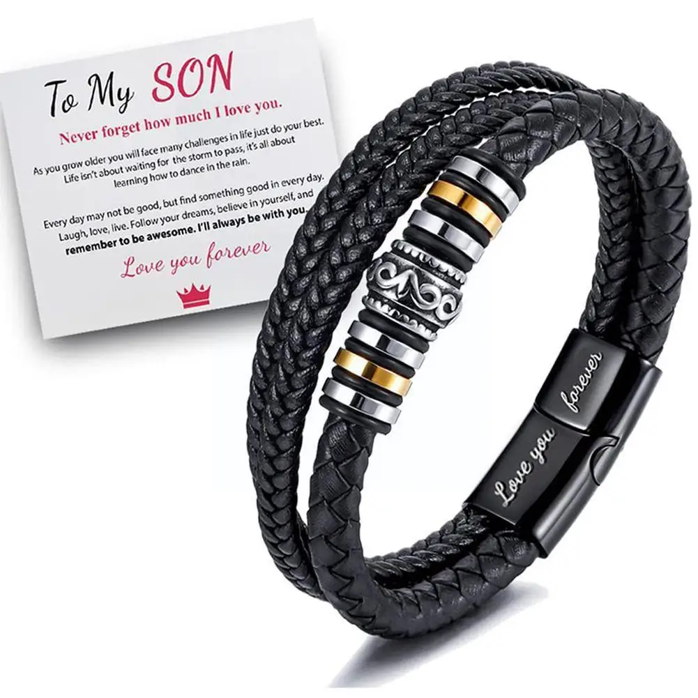 

To My Son ' Love You Forever ' Leather Braided Bracelet Card Silver Black Wristband with Dropshipping Color Gift Wholesale I0P4