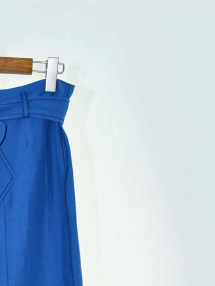 

Women Blue Slit Skirt Temperament Single Breasted Lace-up Midi Jupe for Female