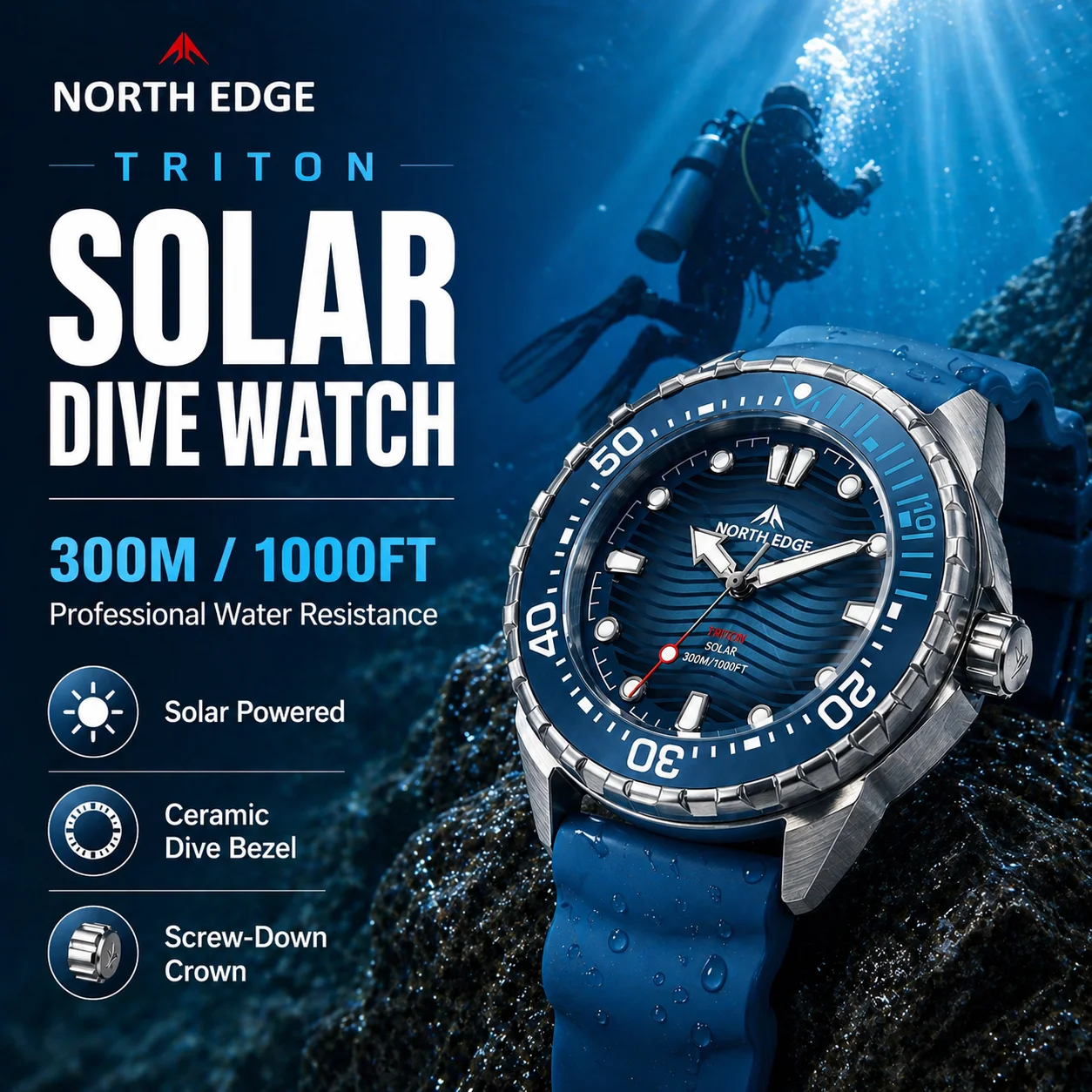 Фото Мужские цифровые часы North Edge TRITON для дайвинга и активного отдыха, с солнечной зарядкой, водонепроницаемость 300 м, готовы к приключениям №1