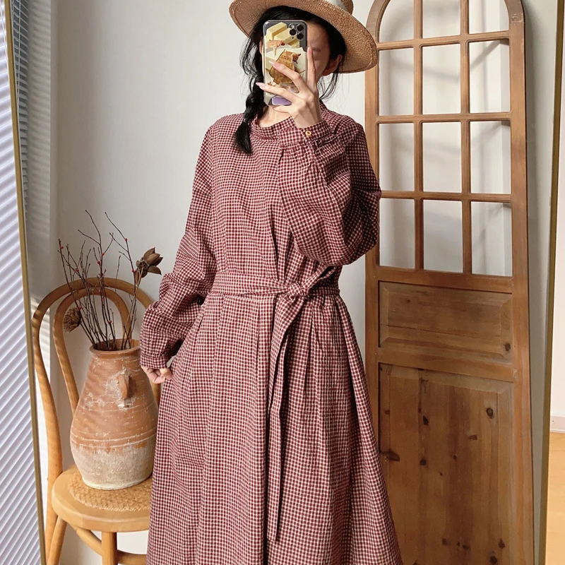 Женское винтажное платье в клетку Johnature простое из хлопка и льна японском стиле с
