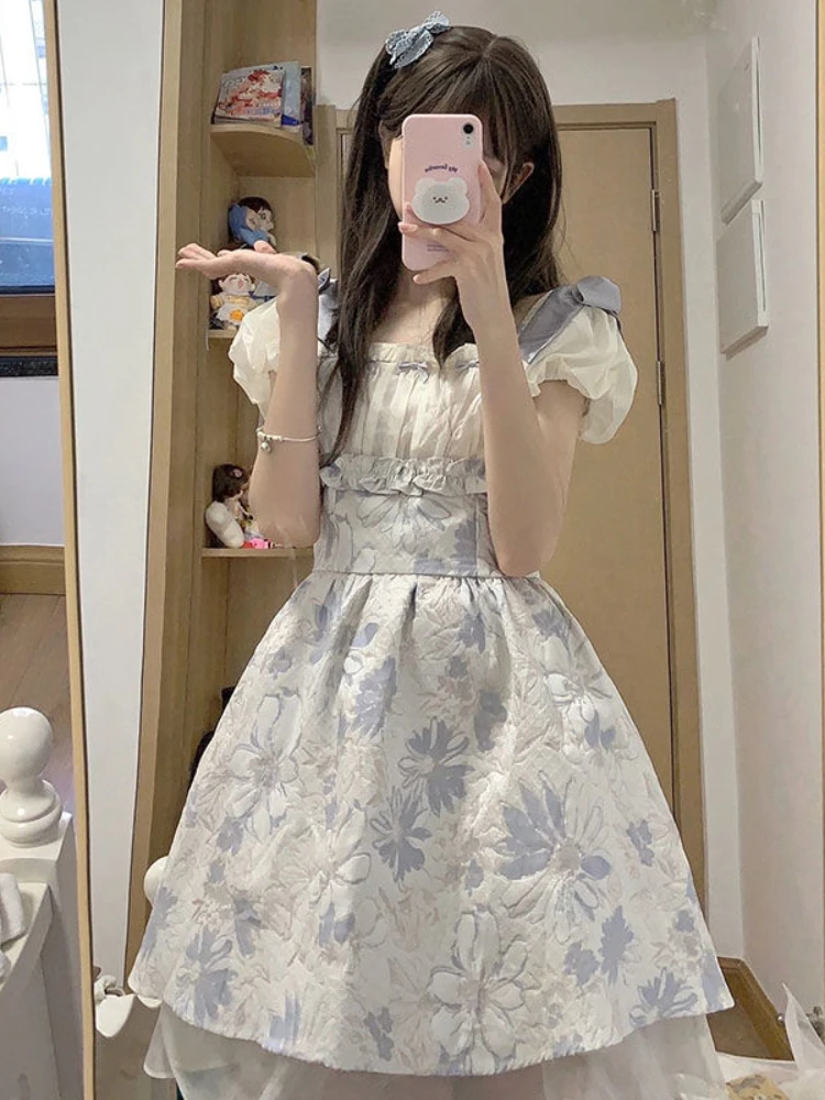 

Deeptown Lolita Kawaii Cute Floral Print Dress Women Japanese Y2k Fairycore Sweet Puff Sleeve Two Layer Tunic Princess Dresses