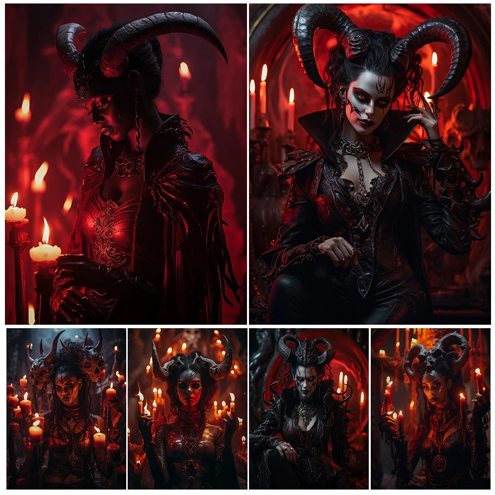 Демонический суккубус с рогами на голове винтажное настенное Искусство Холст