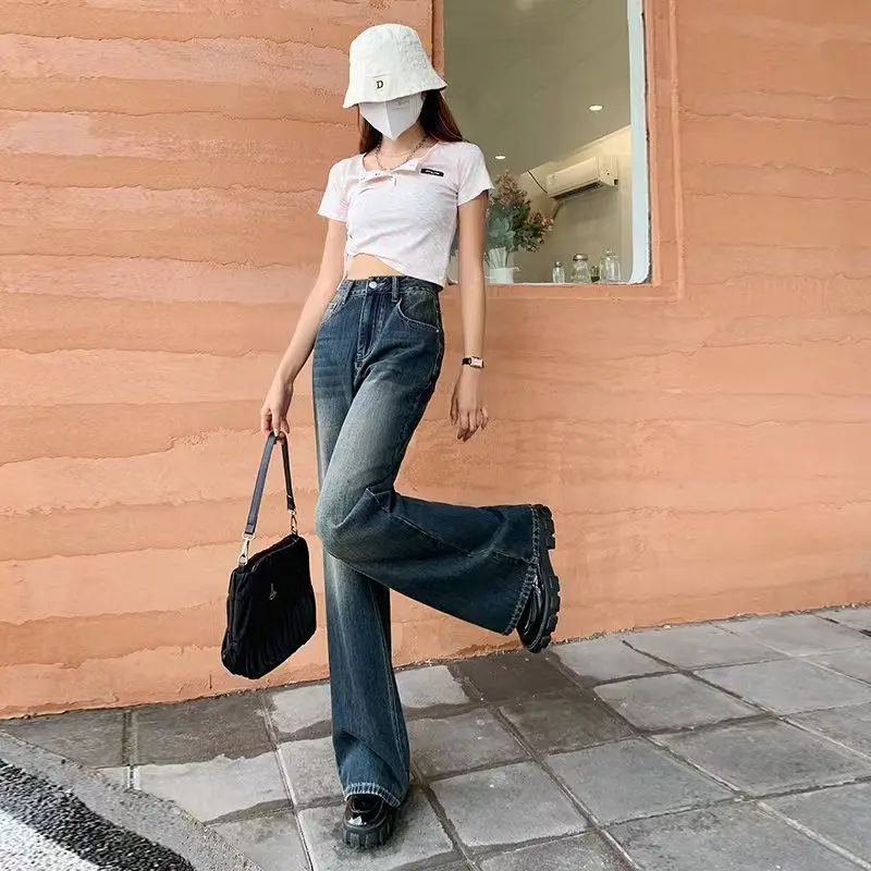 Retro Jeans Spring Autumn Women's High Waist Slimming Loose Korean Style Straight Wide Leg Long Pants High Street Trousers