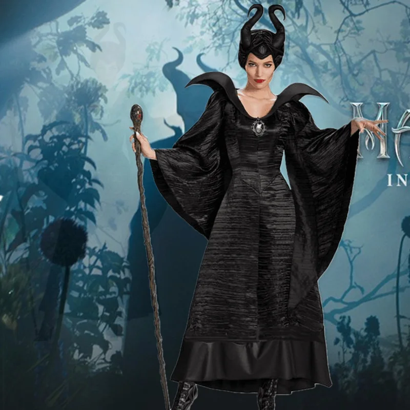 

Movie Witch Maleficent Sleeping Beauty Costume Women Evil Queen Outfit Devil Fancy Dress Robe Hat Helmet Halloween Cosplay Props