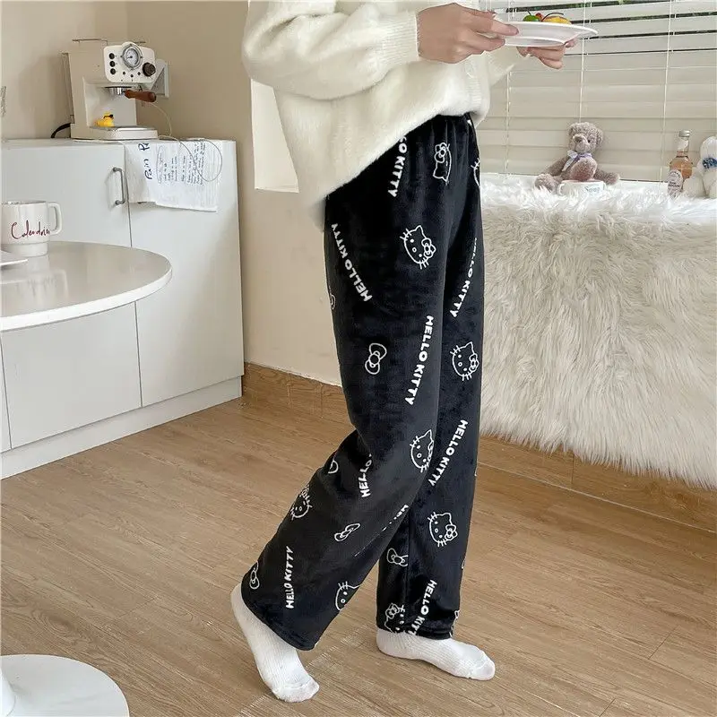 

Sanrio Hello Kitty Flannel Pajamas Black Women's Warm Woolen Cartoon Casual Home Pants In Autumn Winter Fashion Trousers Anime