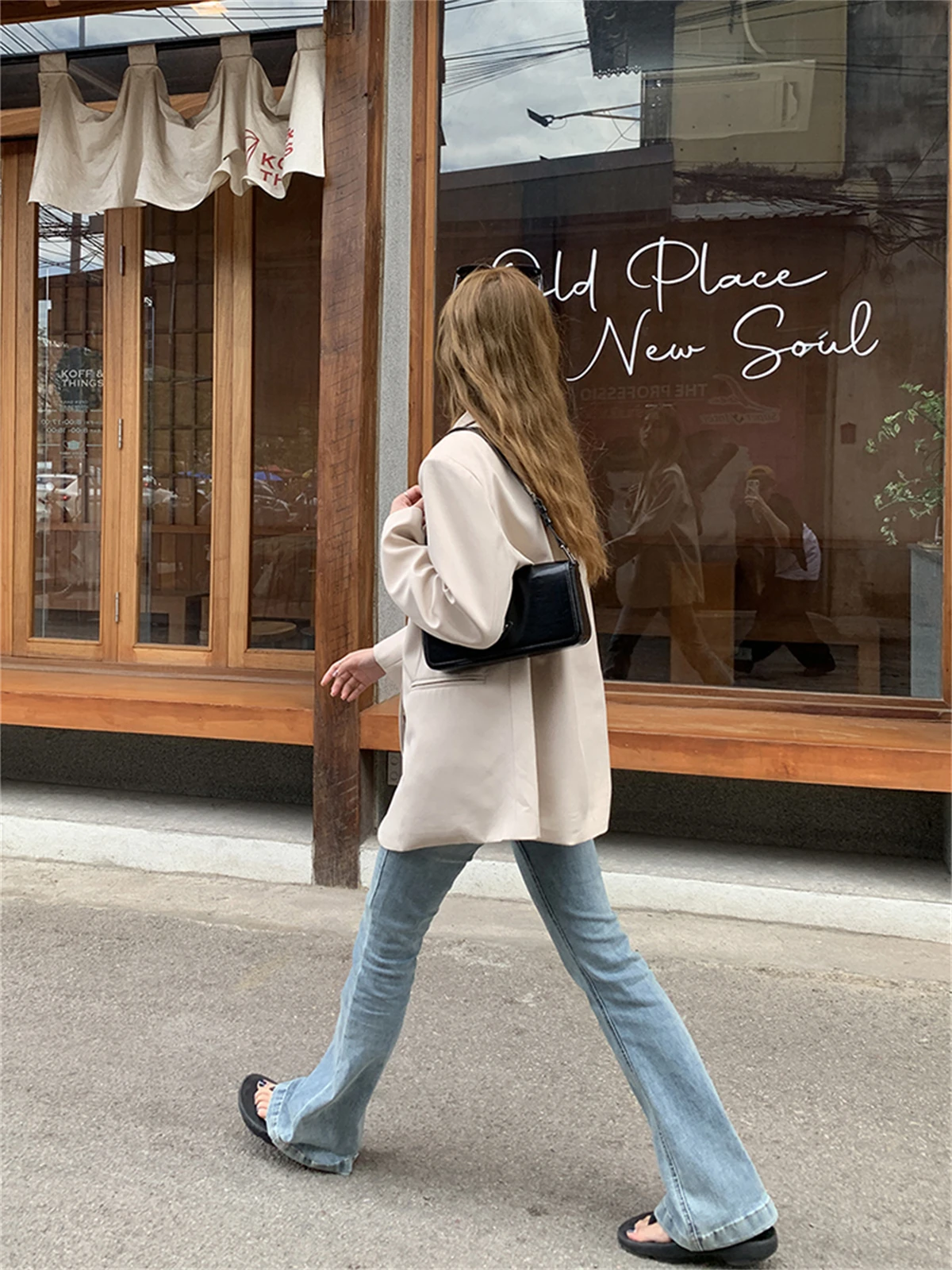 Double Breasted Shoulder Pad Suit Coat For Women's 2023 Spring New Long-Sleeved Korean Loose Temperament Top