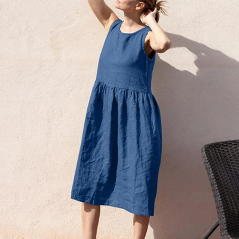 

Fashion O Neck Loose Tank Midi Dress Women Elegant Cotton Linen Solid Party Dress Summer Casual Sleeveless Beach Dress Vestidos