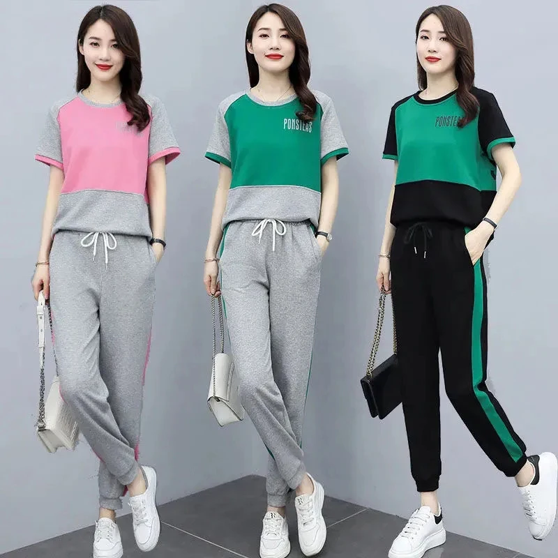

2023 Summer Sportswear Suit Sets For Women's Casual Simple Two Piece Sets Female Fashion Short Sleeve Sports Suits Tracksuits