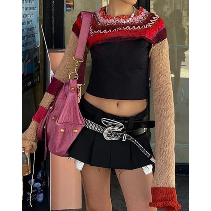 

Sweaters Grunge Fairycore Aesthetic Long Sleeve Crop Top Patchwork Style Knitted Clothes 2000s Aesthetic Pullovers Streetwear