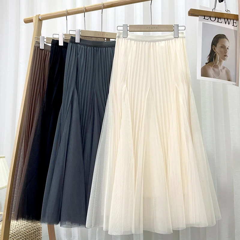 

Chic Mesh Skirts High Waist Elastic Jupe Pure Color Volie Mujer Faldas New Autumn A-line Skirt Casual Women Clothes Dropshipping
