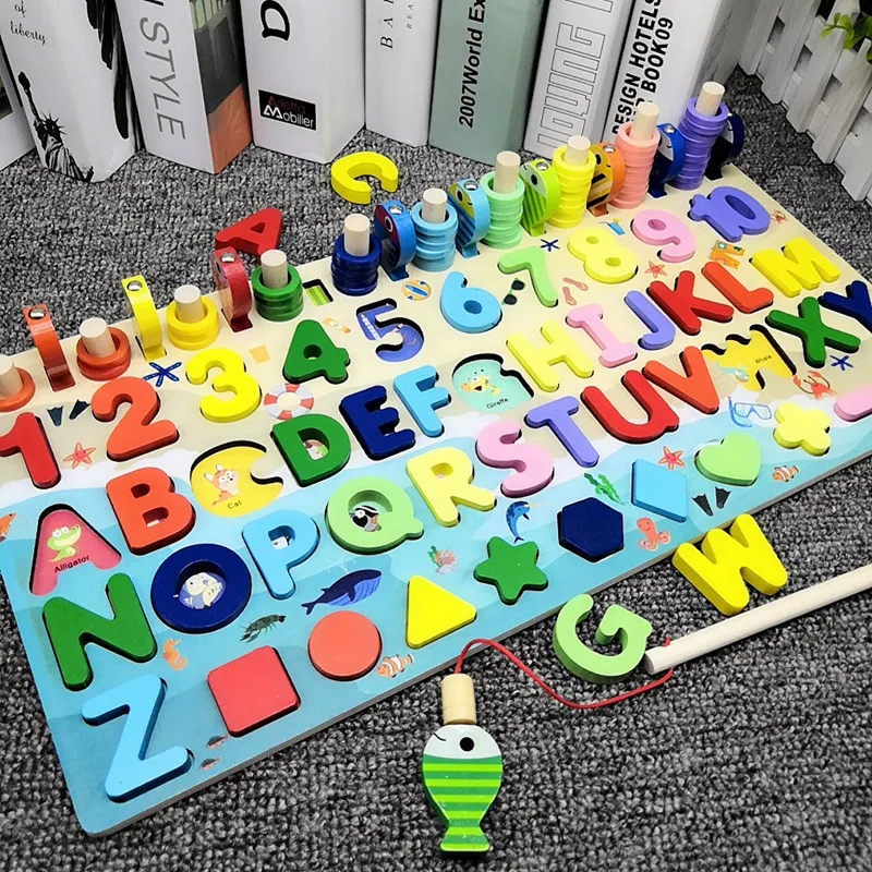 

Baby Toy Montessori Math Toys Kids Educational Wooden Toys 7 In 1 Fishing Count Numbers Matching Digital Shape Board Puzzle Toys
