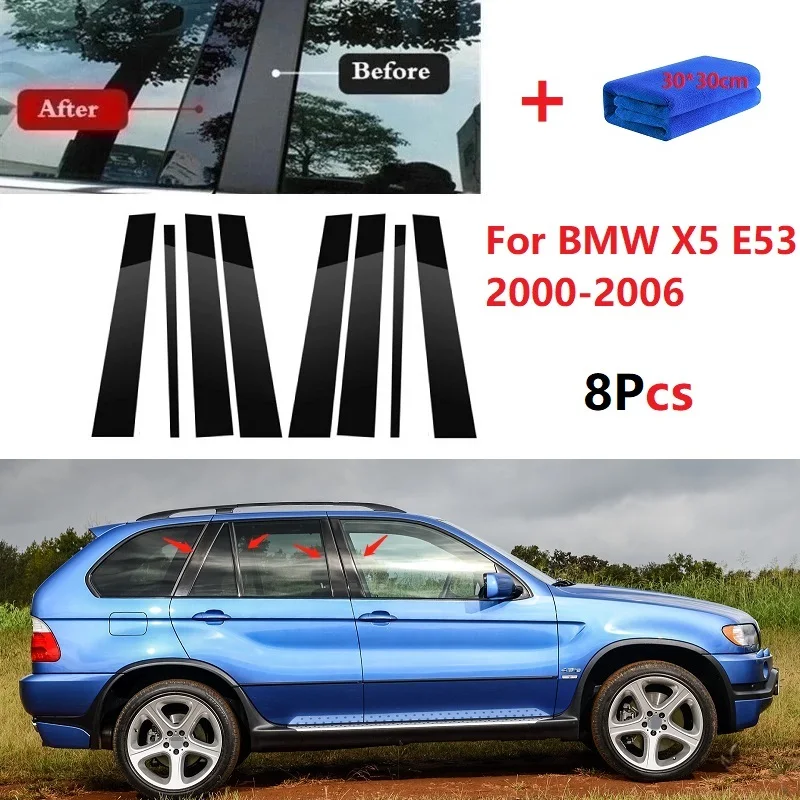 

New 8PCS Polished Pillar Posts Fit For BMW X5 E53 2000-2006 Window Trim Cover BC Column Sticker