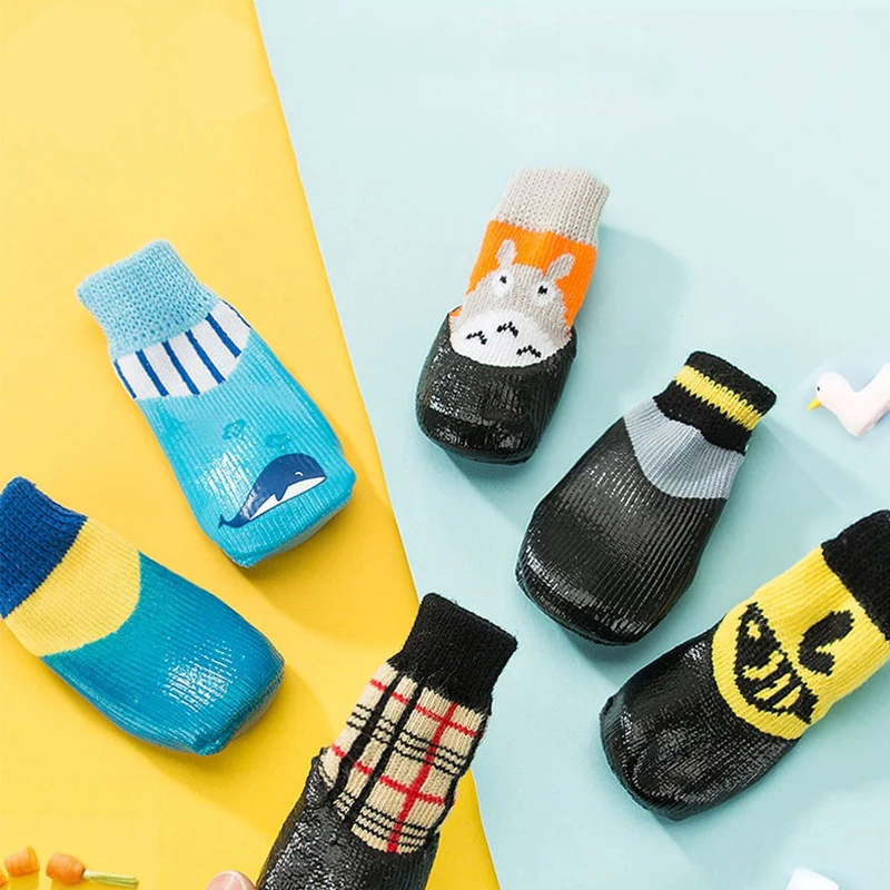 

4Pcs/set Cute Pet Dog Shoes Rubber Cotton Socks Waterproof Non-slip Dog Rain Snow Boots Socks Footwear For Puppy Small Cats Dogs