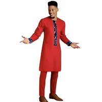 red cotton tops with trousers mens groom suit male nigeria fashion patchwork shirtsolid pant african wedding party outfits