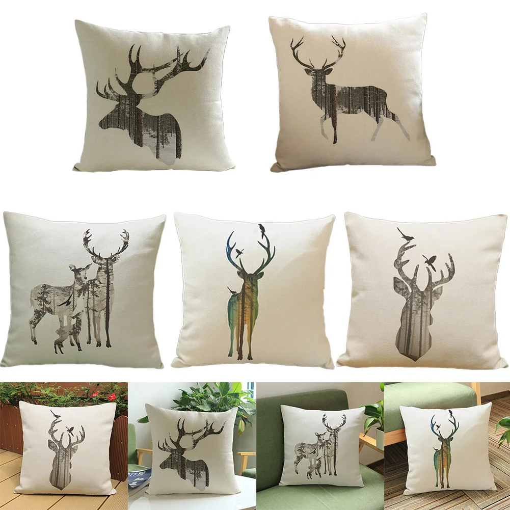

45x45 см искусственное украшение в виде головы оленя, диванная подушка, кремовый льняной чехол для подушки