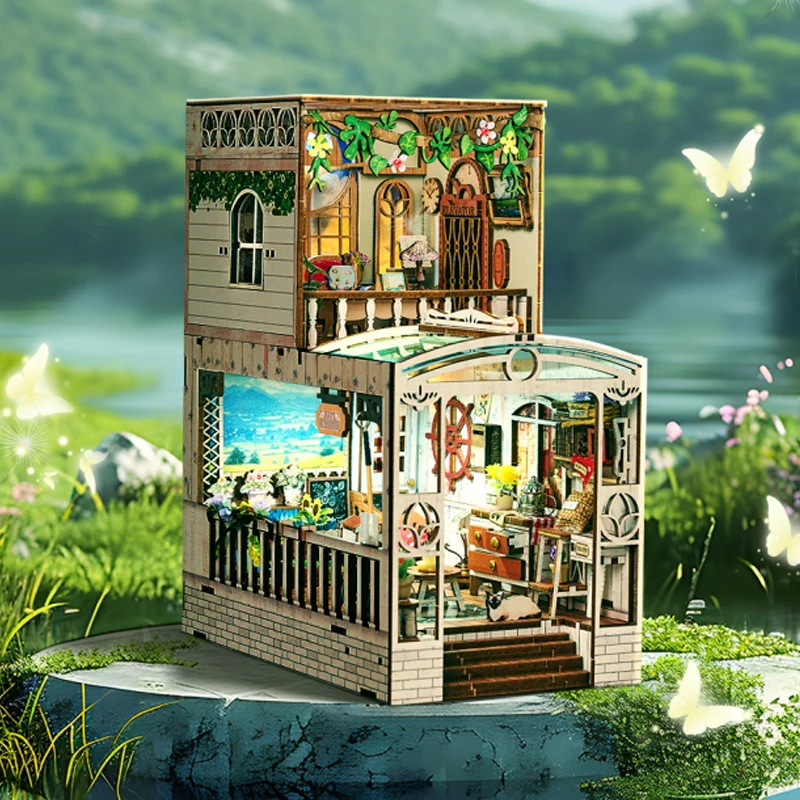 DIY Wooden Book Nook Happy Moments Figurines Miniatures Bookend Handmade Bookshelf for Friends Birthday Gifts Home Decor Crafts