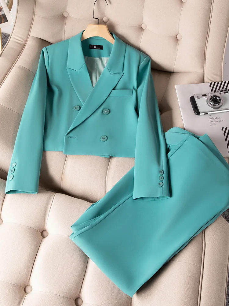 Fashion Women Blazer Sets Double Breasted Solid Long Sleeve Short Jacket+Pants 2pcs 2022 New Casual Trendy OL Female Suits