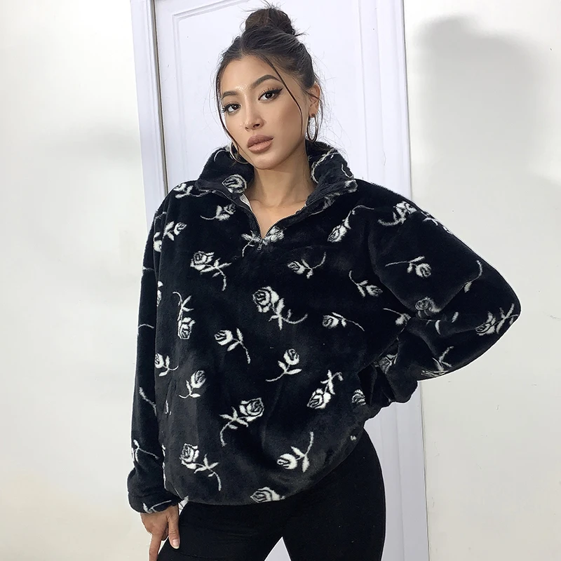 WeiYao 2022 Winter Fluffy Faux Fur Coats For Women Floral Print Zip Up Stand Collar Full Sleeve Oversized Pullover Sweatshirts