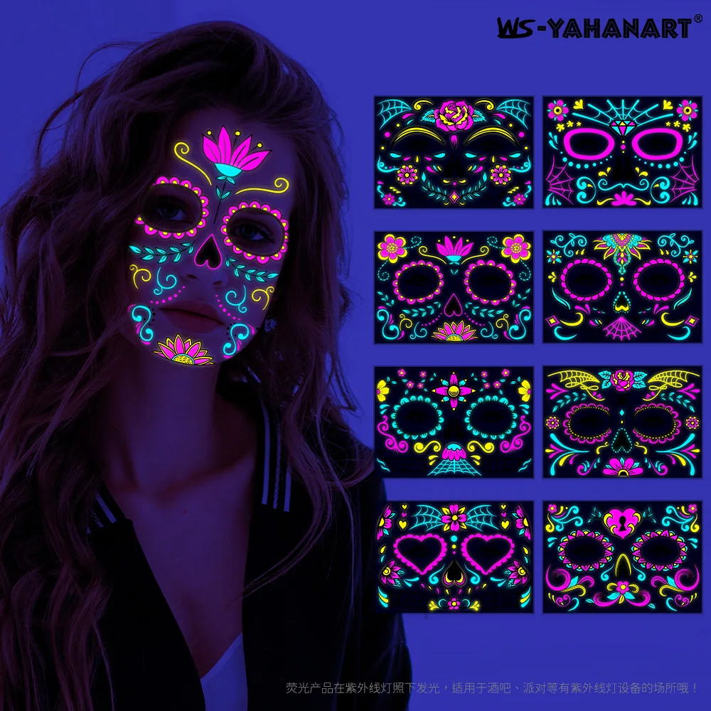 

5pcs Halloween Funny Fluorescence Stickers Creative Horror Temporary Makeup Dance Death Spirit Face Stickers Tattoo Stickers