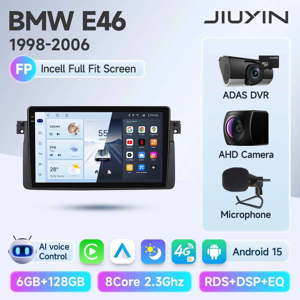 

JIUYIN Android 15, беспроводной Carplay, автомагнитола, стерео мультимедийный плеер для BMW E46 M3 318 320 325 330 335 1998-2006 IPS