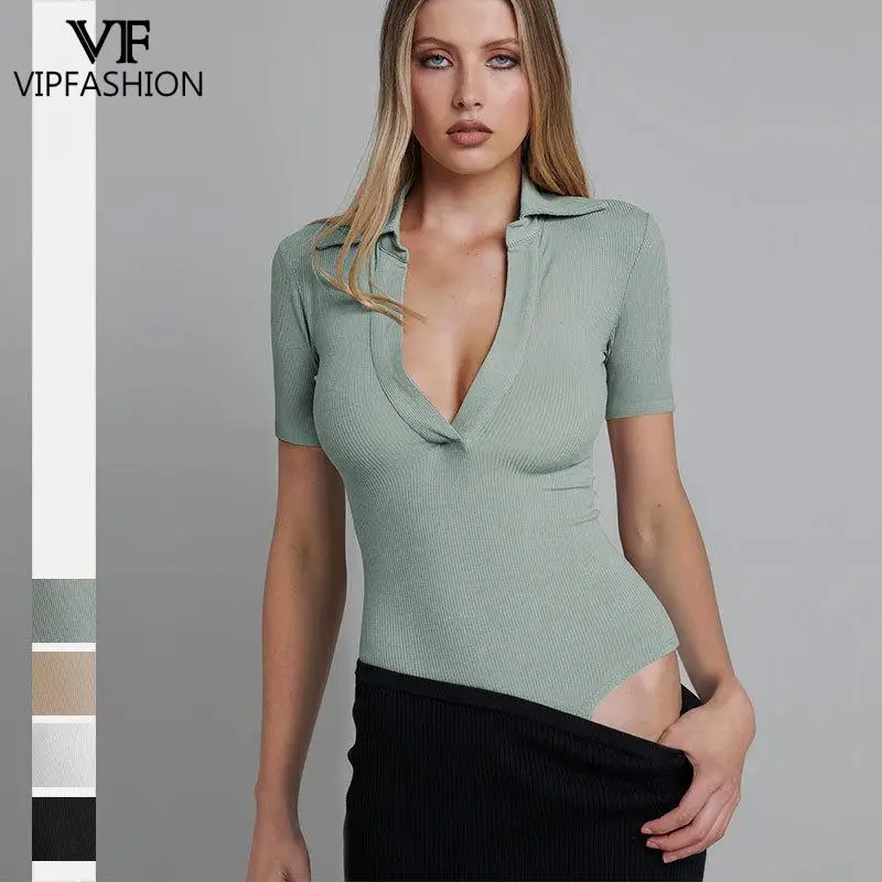 Комбинезон женский эластичный с V-образным вырезом и коротким рукавом