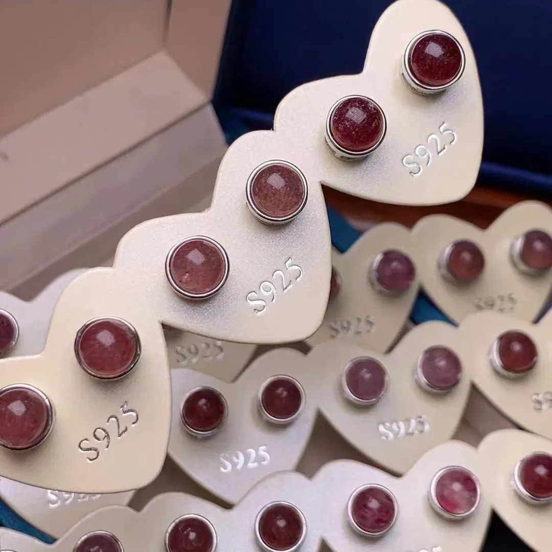 

10 Pairs Natural Strawberry Crystal Round Earrings 925 Silver Fine Jewelry Simple Charm Cool Mystery Studs for Women Girl Gift