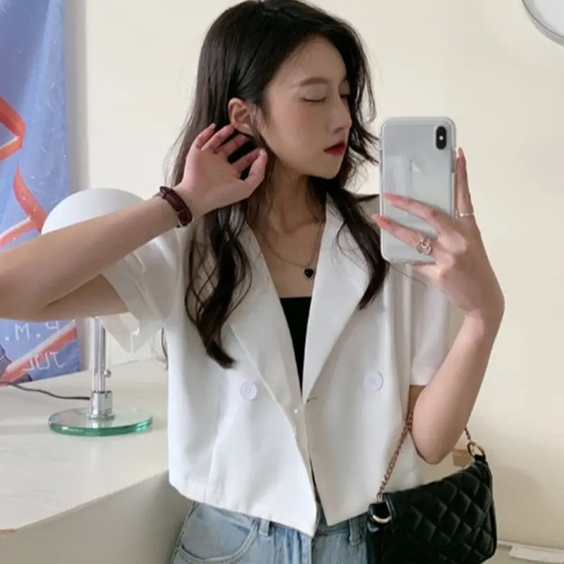 F GIRLS Blazer Women Solid Streetwear Cropped Outwear Summer Thin Loose Navel 3Colors All-match  Simple Office Lady Design